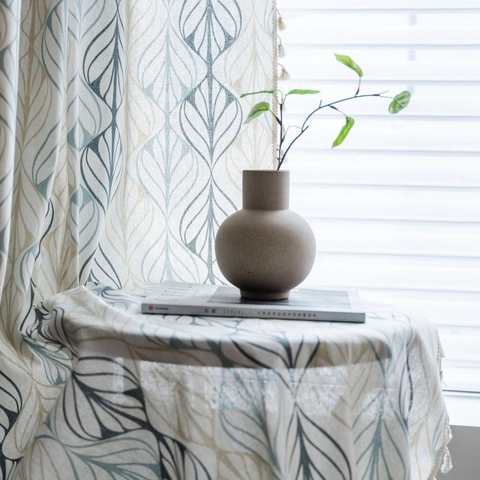 Vintage Printed Cotton Tassel Curtain Bohemian Leaf Pattern Semi Blackout Window Drape For Kitchen Living Room Home Decor