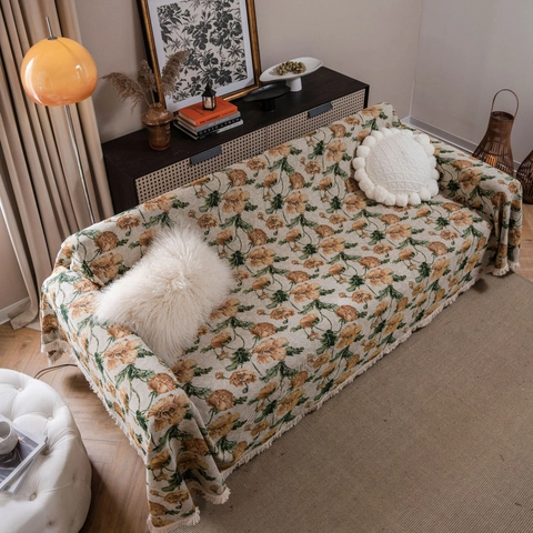 Manta para Sofá Jacquard Floral Vintage Americano Con Borlas Poliéster Algodón Resistente Protector de Polvo para Sofá Decoración Hogar
