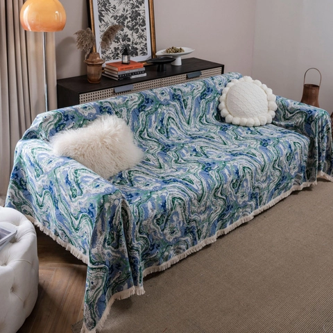 Asciugamano da Divano Jacquard Floreale in Stile Country Americano Con Nappine in Cotone Poliestere Coperta Decorativa Retro per Mobili