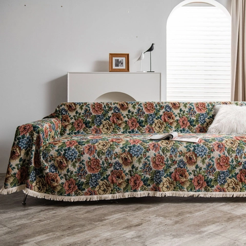 Vintage Floral Jacquard Sofa Cover With Tassel Edge American Pastoral Style Polyester Cotton Sofa Towel For Living Room Decor