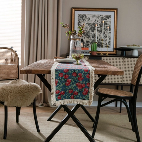 Amerikaanse Vintage Jacquard Tafelloper Met Witte Kwastjes Katoen Linnen Fruit Bloemenpatroon Tafelkleed Voor Eettafel Huisdecoratie
