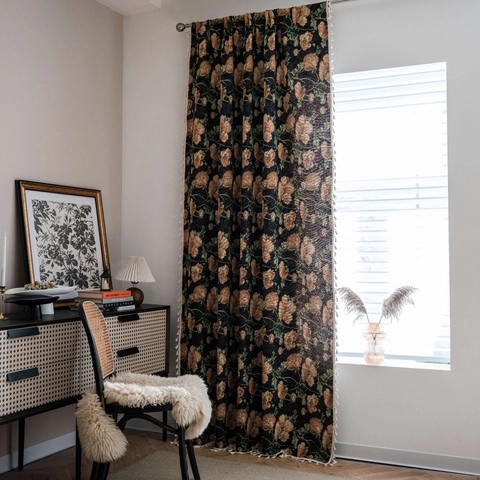 American Vintage Jacquard Floral Curtains Polyester Cotton Finished Window Drapes With Tassel Fringe For Living Room Bedroom