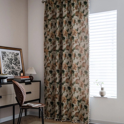 American Retro Floral Jacquard Curtains With Tassel Fringes Polyester Cotton Semi-Blackout Window Drapes For Living Room Bedroom Kitchen Decor
