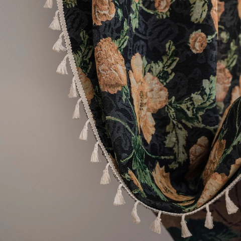 American Vintage Jacquard Floral Curtains Polyester Cotton Finished Window Drapes With Tassel Fringe For Living Room Bedroom