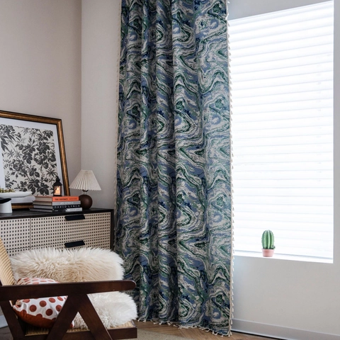 American Retro Floral Jacquard Tassel Curtains For Bedroom Living Room Semi-shading Cotton Blend Door Curtains Drapes