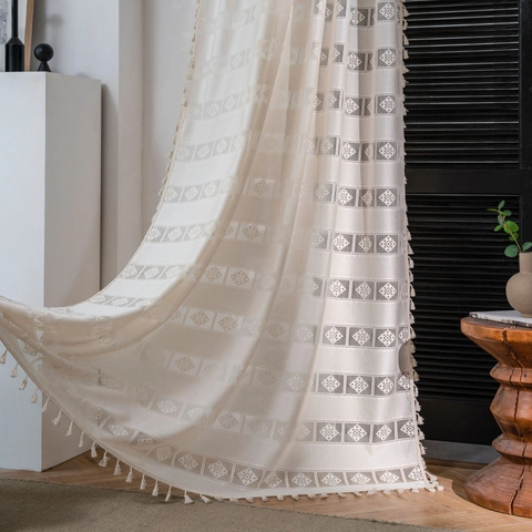 Rideau de Coton au Crochet Vintage Avec Glands Rideau de Dentelle Géométrique Évidé Beige Pour Salon Chambre