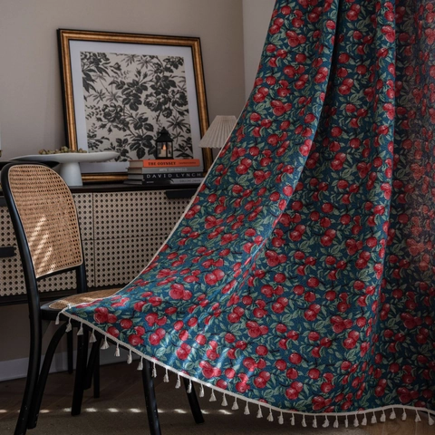 Vintage Floral Jacquard Window Curtains With Tassel Trim Semi Blackout Polyester Cotton Drapes For Living Room Bedroom