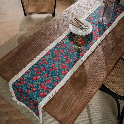 Amerikaanse Vintage Jacquard Tafelloper Met Witte Kwastjes Katoen Linnen Fruit Bloemenpatroon Tafelkleed Voor Eettafel Huisdecoratie