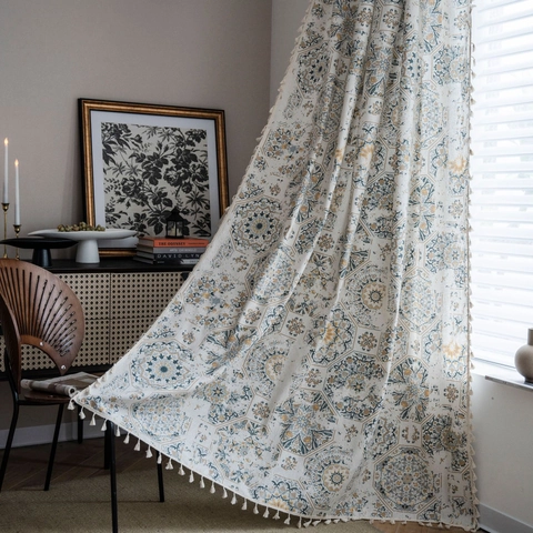 Vintage Bohemian Mandala Print Cotton Linen Window Curtain With Tassels Semi-Blackout Rod Pocket Hooks Grommet Kitchen Bedroom Living Room Drapes
