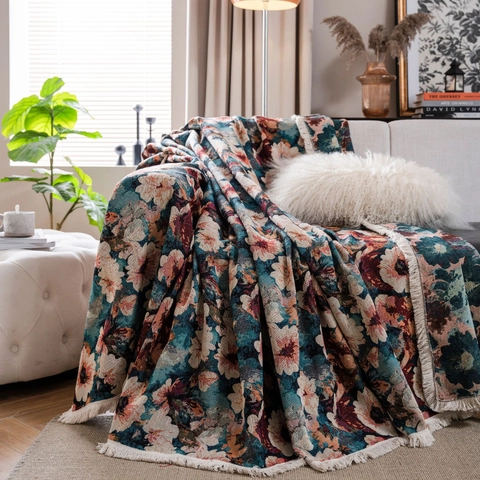 Manta de Sofá Jacquard Floral Retro Americano Con Borlas Gruesa Varios Tamaños Funda de Sofá Toalla Protectora Decoración