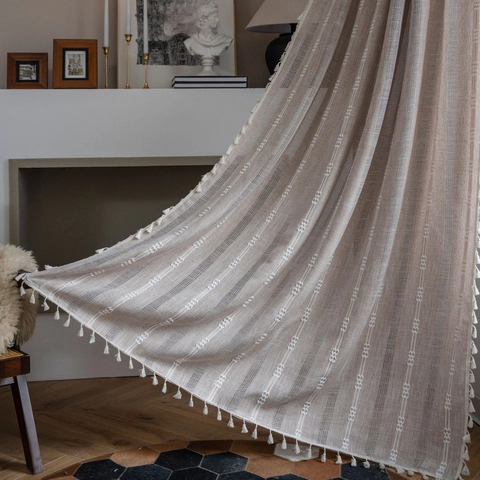 Bohemian Tassel Window Curtains Striped Hollow Out Semi Shading Polyester Drapes For Living Room Bedroom Kitchen Decor