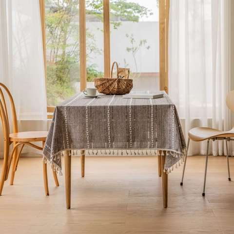 Tovaglia Minimalista a Righe in Cotone e Lino Con Nappine Rettangolare per Tavolo da Pranzo Decorazione Casa