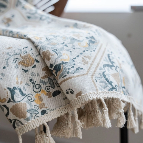Vintage Bohemian Mandala Print Cotton Linen Window Curtain With Tassels Semi-Blackout Rod Pocket Hooks Grommet Kitchen Bedroom Living Room Drapes