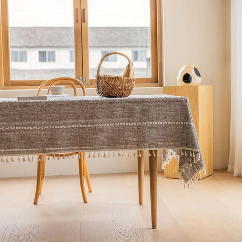 Tovaglia Minimalista a Righe in Cotone e Lino Con Nappine Rettangolare per Tavolo da Pranzo Decorazione Casa