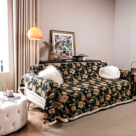 Funda de Sofá Jacquard Floral Retro Americano Con Borlas Protector de Muebles Poliéster Algodón Manta para Hogar