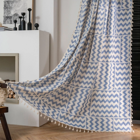 Geometric Printed Cotton Curtain With Tassels Blue Wave Pattern Semi-Blackout Window Drapes For Living Room Kitchen Decor