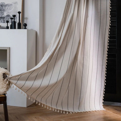 Modern Minimalist Linen Cotton Striped Curtain With Tassels Bohemian Beige Light Filtering Window Panel For Living Room