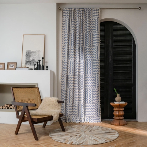 Geometric Printed Cotton Curtain With Tassels Blue Wave Pattern Semi-Blackout Window Drapes For Living Room Kitchen Decor