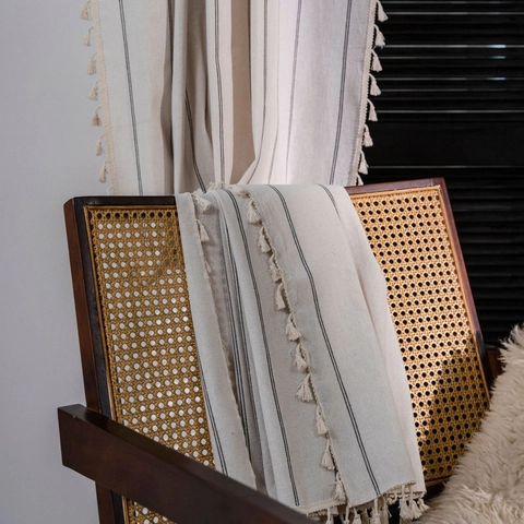Modern Minimalist Linen Cotton Striped Curtain With Tassels Bohemian Beige Light Filtering Window Panel For Living Room