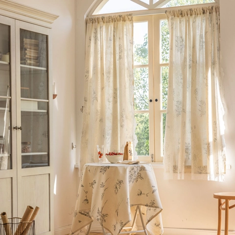 Franse Pastorale Polykatoen Bedrukt Deurgordijn Semi-Verduisterend Kantafwerking Kort Gordijn Voor Entree Keuken Slaapkamer Decor