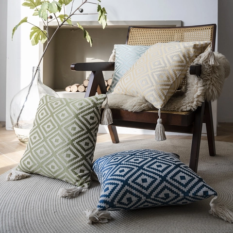 Federa per Cuscino in Cotone e Lino Jacquard Vintage Americano Fodera per Cuscino a Griglia Geometrica con Nappine Decorativa