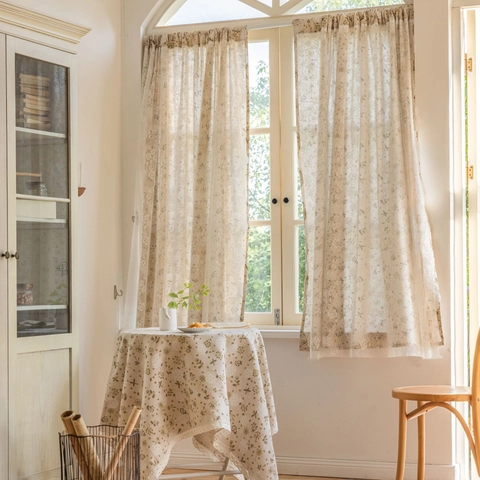 Vintage French Country Floral Lace Short Curtain Cotton Linen Semi-Blackout Cafe Rod Pocket Door Curtain For Kitchen Decor