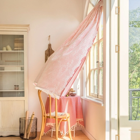 French Country Polyester Cotton Gingham Plaid Floral Printed Short Curtains With Lace Trim For Kitchen Cafe Door Decor