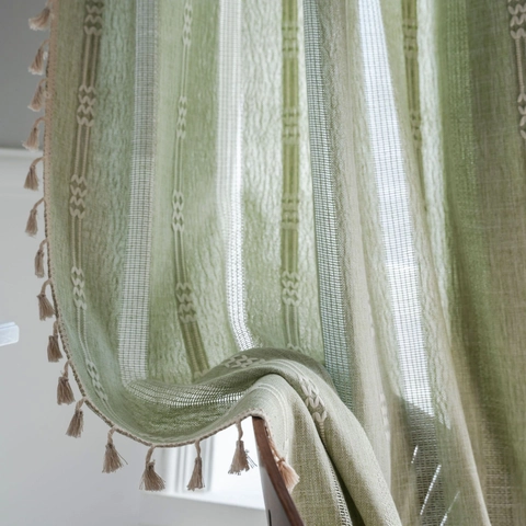 Böhmischer Grüner Gestreifter Quastenvorhang Polyester Halbschattierung Hohle Bestickte Fensterbehandlung Für Schlafzimmer Wohnzimmer Dekoration