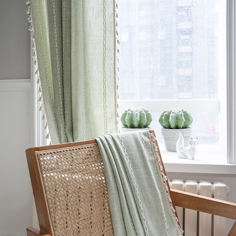 Farmhouse Cotton Embroidered Striped Window Curtains With Tassel Semi Blackout Grommet Rod Pocket Cafe Kitchen Curtain Panel