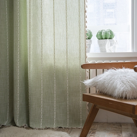 Farmhouse Cotton Embroidered Striped Window Curtains With Tassel Semi Blackout Grommet Rod Pocket Cafe Kitchen Curtain Panel