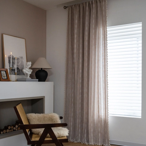 Bohemian Tassel Window Curtains Striped Hollow Out Semi Shading Polyester Drapes For Living Room Bedroom Kitchen Decor