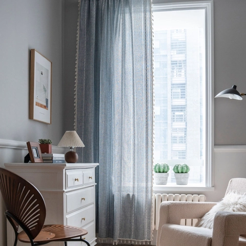 Bohemian Cotton Striped Embroidery Curtains With Tassels Semi-Blackout Rural Style Kitchen Living Room Window Drapes