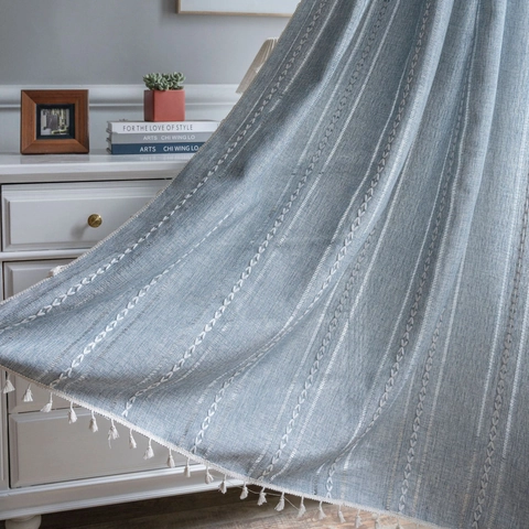 Bohemian Cotton Striped Embroidery Curtains With Tassels Semi-Blackout Rural Style Kitchen Living Room Window Drapes