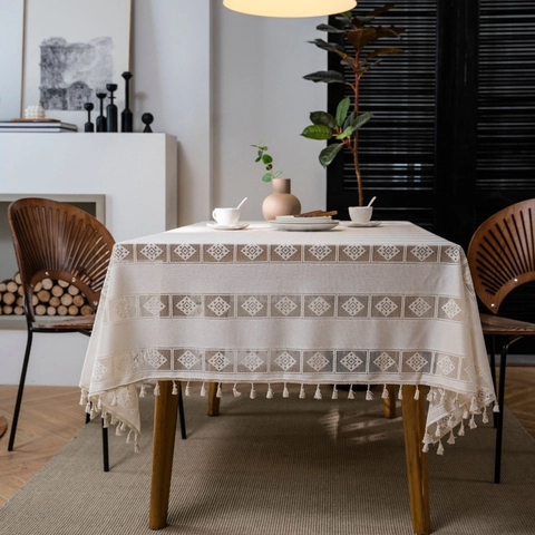 Nappe Pastorale au Crochet Avec Franges Style Crème Rectangulaire Mélange de Coton et Lin Anti-poussière Décoration Maison
