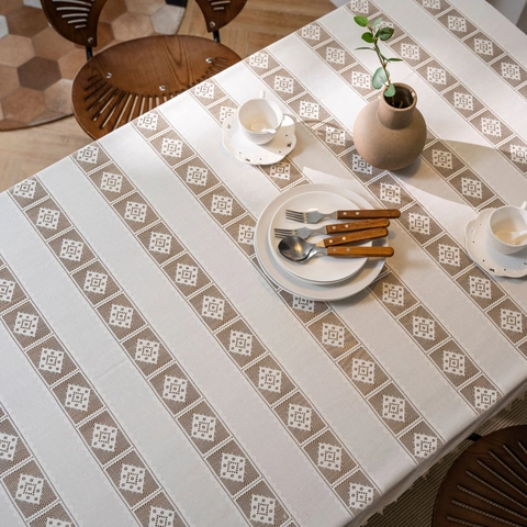 Nappe Pastorale au Crochet Avec Franges Style Crème Rectangulaire Mélange de Coton et Lin Anti-poussière Décoration Maison