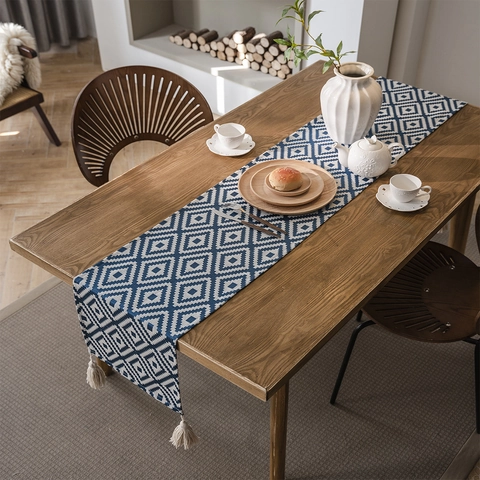 Moderner Nordischer Jacquard Geometrischer Rhombus Tischläufer Mit Quasten Marineblau Gelb Grün Polyester Baumwolle Tischtuch Für Zuhause Dekor