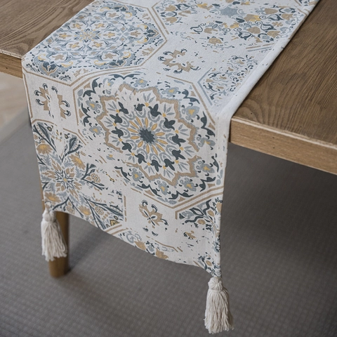 Chemin De Table En Polyester Coton Avec Glands Vintage Mandala Motif Floral Imprimé Pour Cuisine Salle À Manger Banquet Home Decor