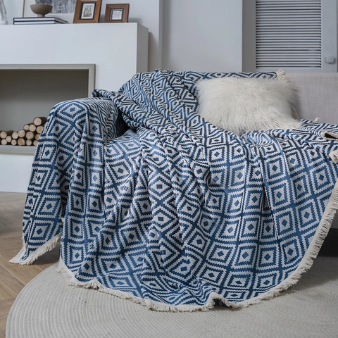 Amerikanischer Vintage Geometrischer Rhombus Jacquard Polyester Sofaüberwurf Mit Fransen Staubdichter Multifunktionaler Heimdekor-Bezug