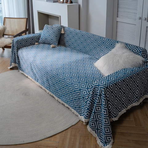 Amerikanischer Vintage Geometrischer Rhombus Jacquard Polyester Sofaüberwurf Mit Fransen Staubdichter Multifunktionaler Heimdekor-Bezug