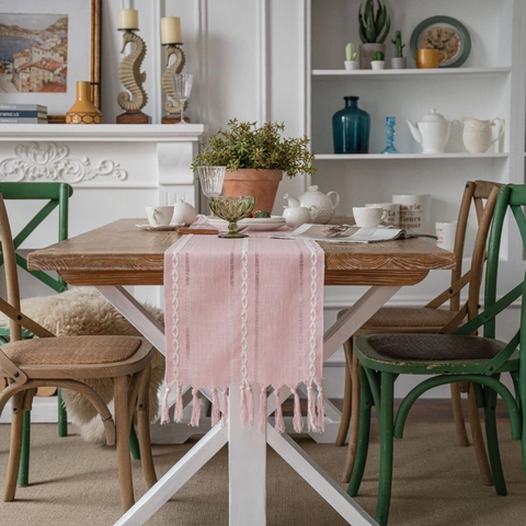 Camino de Mesa Geométrico Jacquard Nórdico Con Borlas Hechas a Mano Poliéster Moderno Minimalista Decorativo para Mesa de Comedor