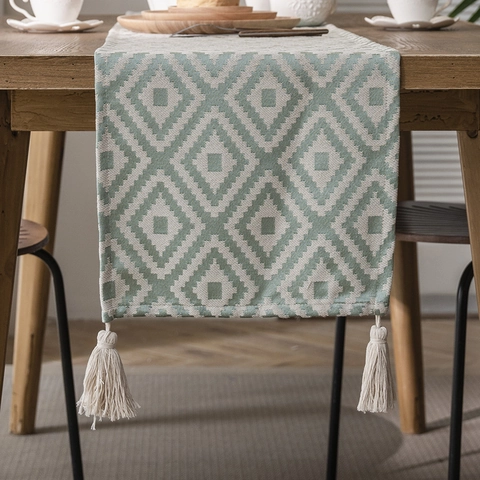 Camino de Mesa Geométrico Jacquard Nórdico con Borlas Poliéster Algodón Mantel Decorativo Minimalista Moderno Decoración Hogar