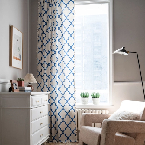 Modern Blue Geometric Trellis Print Cotton Curtain with Tassels Moroccan Semi-Blackout Window Panel for Living Room Bedroom