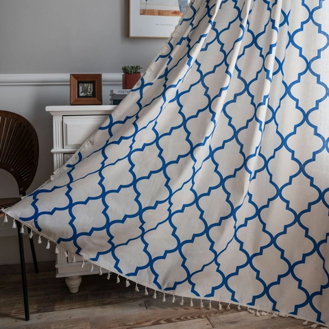 Modern Blue Geometric Trellis Print Cotton Curtain with Tassels Moroccan Semi-Blackout Window Panel for Living Room Bedroom