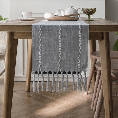 Nordic Jacquard Geometric Table Runner With Tassels Modern Minimalist Polyester Tablecloth For Dining Home Decoration