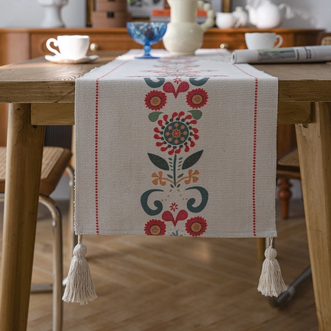 Camino de Mesa Bohemio de Algodón y Lino Con Borlas Estampado Floral Hibisco Mantel Estilo Étnico Para Decoración