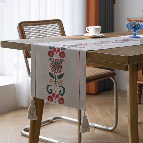 Camino de Mesa Bohemio de Algodón y Lino Con Borlas Estampado Floral Hibisco Mantel Estilo Étnico Para Decoración