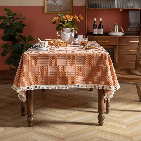 Amerikanisches Landhaus Jacquard Tischdecke Mit Schachbrettmuster Und Quasten Elegante Polyester Esstisch Abdeckung