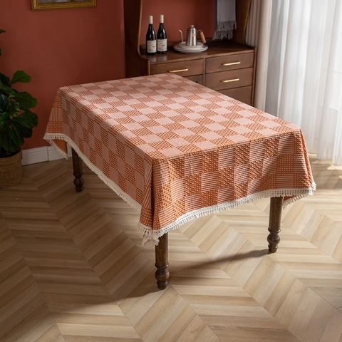 Amerikanisches Landhaus Jacquard Tischdecke Mit Schachbrettmuster Und Quasten Elegante Polyester Esstisch Abdeckung