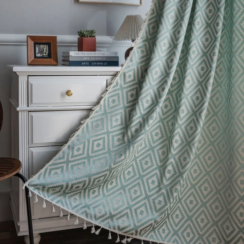 Rustic Country Style Geometric Diamond Pattern Cotton Door Curtain With Tassels Semi Blackout Bohemian Kitchen Window Curtain