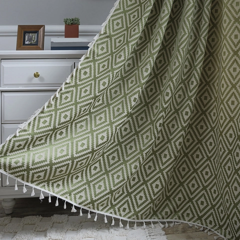 Boho Geometric Diamond Fret Pattern Cotton Curtain With Tassels American Country Semi Blackout Door Window Curtain For Kitchen Living Room